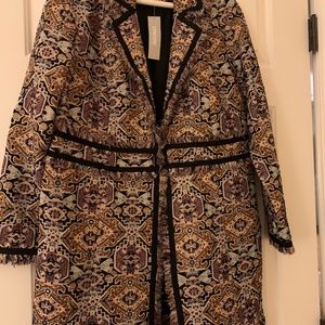 NWT Chicos' SIZE 1 Fringe Trim Jacquard Topper Multicolor Jewel Toned Jacket